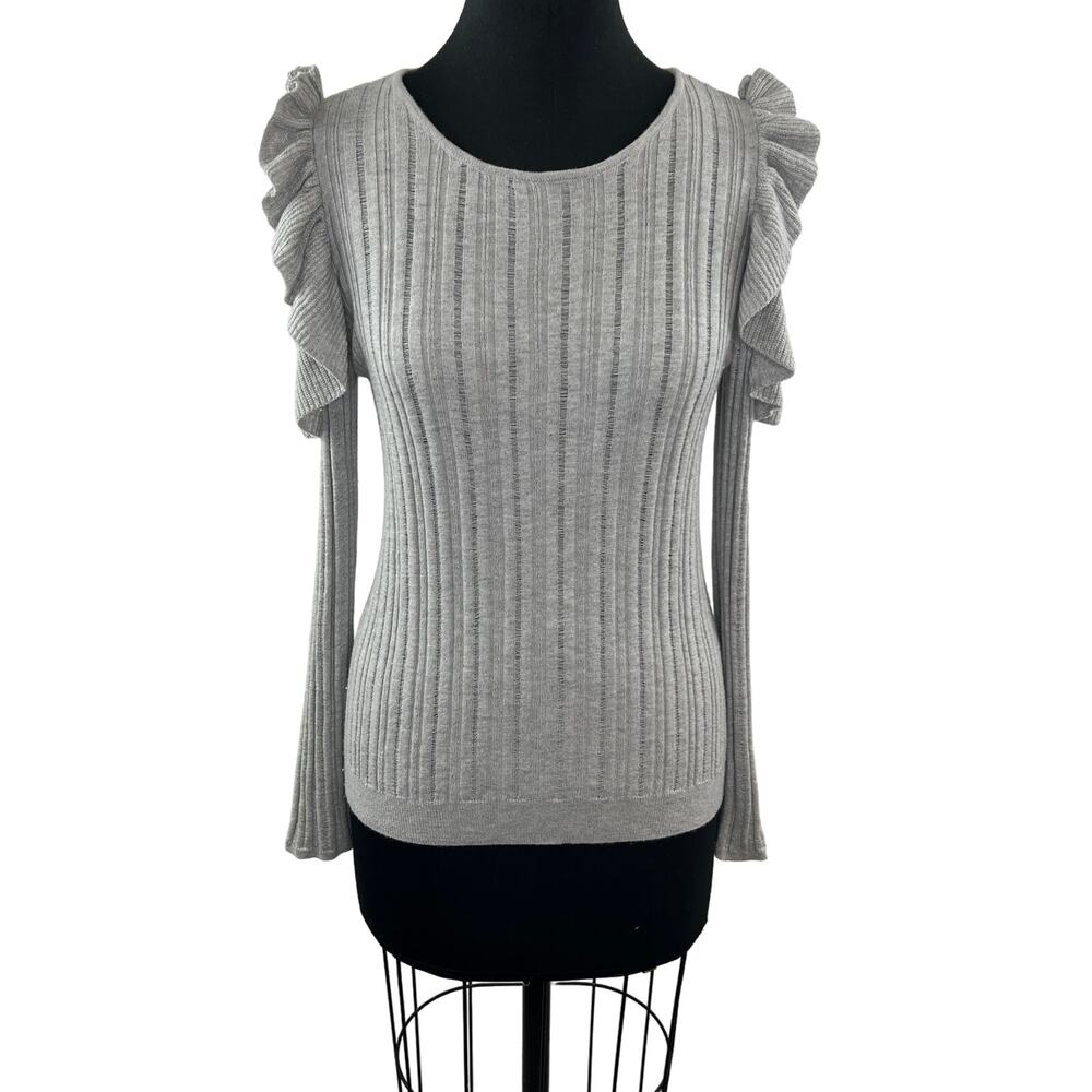 DUFFY Gray Rib-Knit Wool & Cashmere Ruffled Cold Shoulder Sweater Top Pullover M